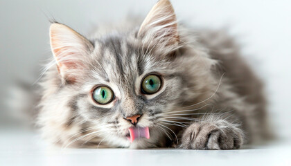 Fototapeta premium Funny large longhair gray kitten with beautiful cat