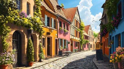 Obraz premium 21. A charming European street scene with colorful buildings, quaint cafes, and cobblestone streets
