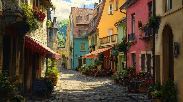 21. A charming European street scene with colorful buildings, quaint cafes, and cobblestone streets