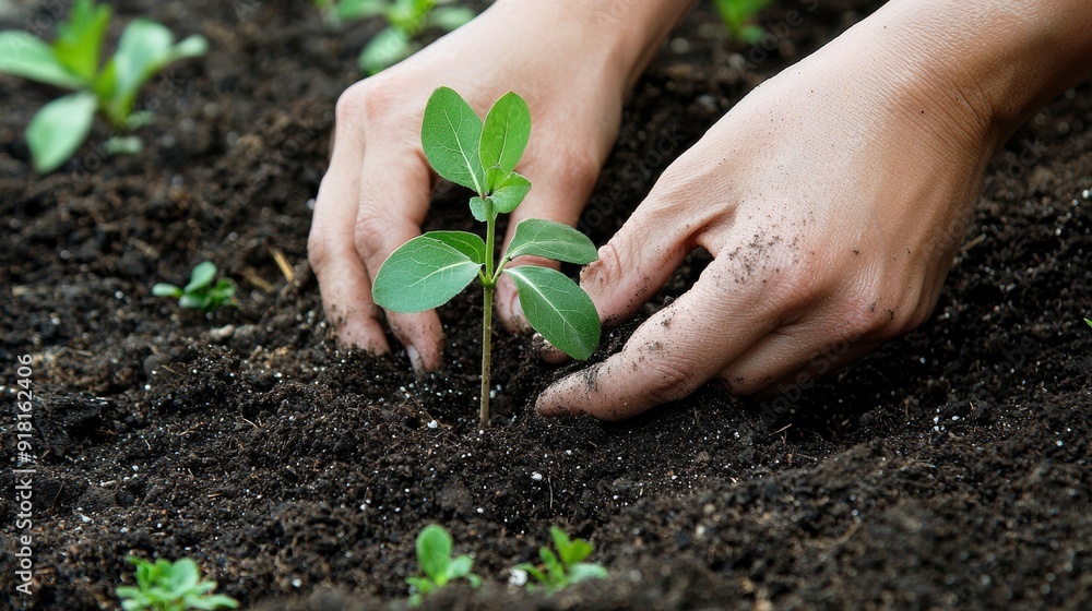 Poster planting a sapling in rich soil with green grass generative ai