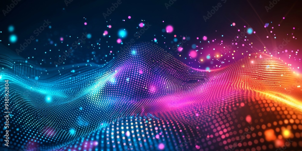 Poster digital technology background with colorful waveforms and particles generative ai