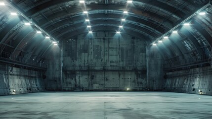 Obraz premium Empty room, circular hanger with concrete walls, no windows, and bright spotlights.