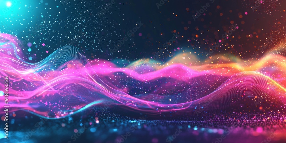 Poster futuristic background with colorful waveforms and particles on a dark gradient backdrop, ideal for t