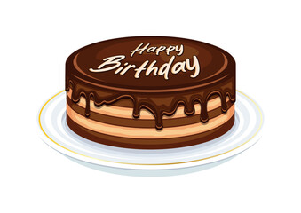Happy Birthday chocolate cake on a plate vector illustration. Birthday cake with chocolate icing icon isolated on white background. Whole cake with inscription Happy Birthday