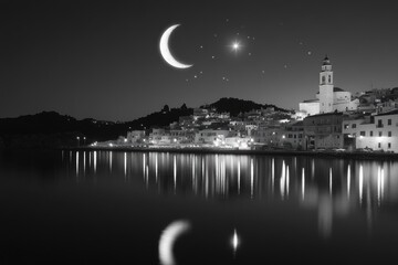 Crescent Moon and Star Seaside Night Islam Religion Spiritual Symbol - Generative AI