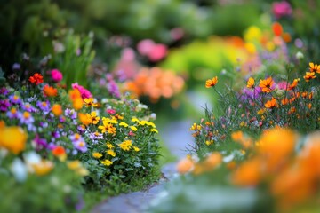 A vibrant flower garden with tiny blooms and pathways, captured using the tilt-shift effect. 