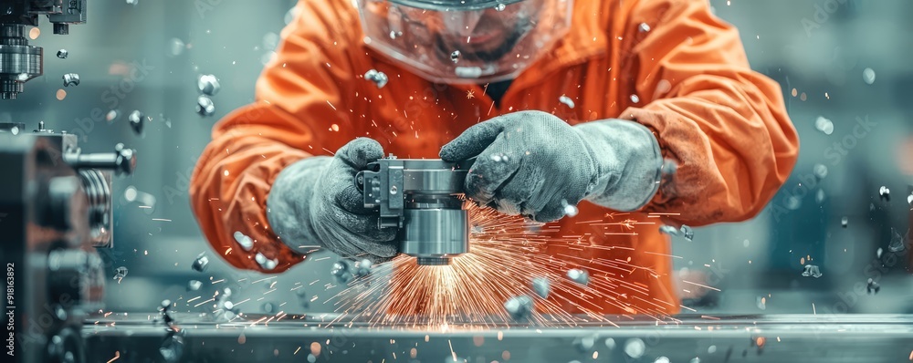 Poster precision metalworking: skilled worker operating lathe in factory, generative ai