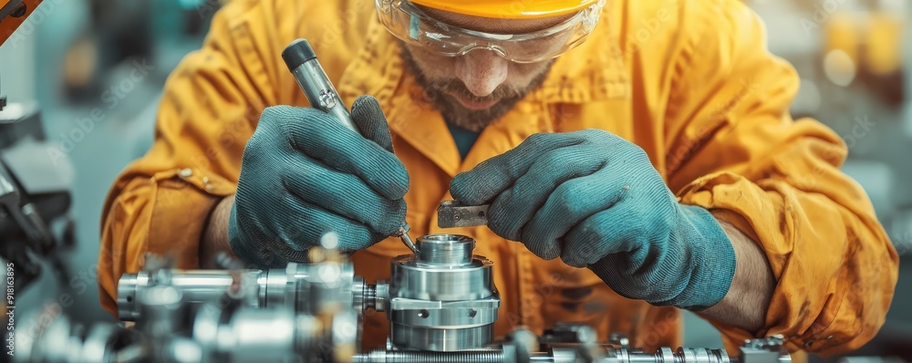 Poster precision metal shaping: worker operating lathe in factory, generative ai