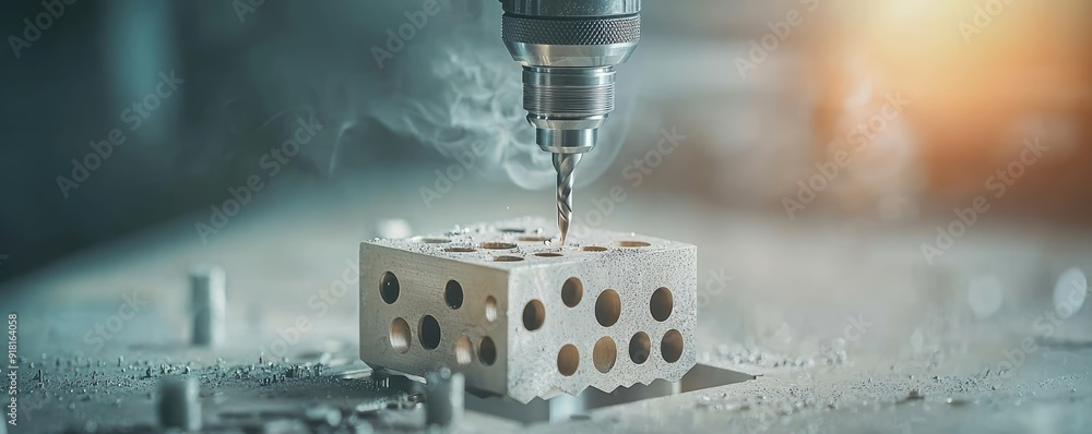 Poster precision drilling machine at work in industrial workshop creating holes in metal block, generative 