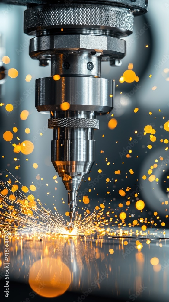 Poster precision metal cutting: advanced milling machine crafting complex shapes in engineering workshop, g
