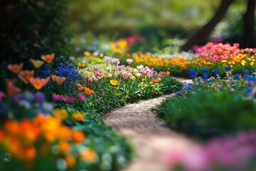 A vibrant flower garden with tiny blooms and pathways, captured using the tilt-shift effect. 