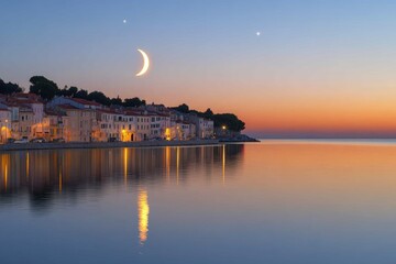 Crescent Moon and Star Seaside Night Islam Religion Spiritual Symbol - Generative AI