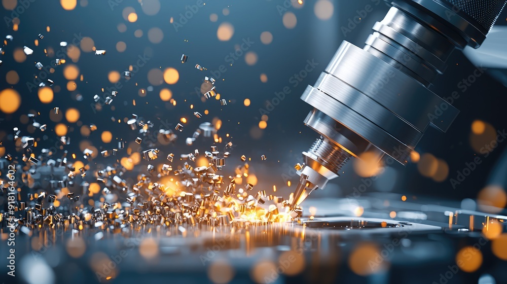 Poster precision turning: computer-controlled lathe machine crafting complex metal parts, generative ai