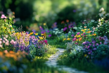 A vibrant flower garden with tiny blooms and pathways, captured using the tilt-shift effect. 