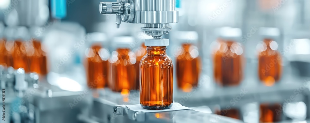 Poster efficient high-speed labeling machine at work on bottles in industrial production line, generative a