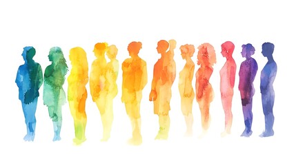 A row of people standing in watercolor style, with each person representing different colors and shapes.