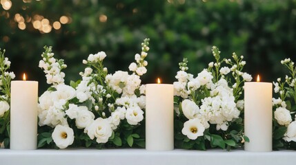 Fototapeta premium An outdoor All Saints' Day scene with beautifully arranged white flowers and candles, set against a serene and elegant backdrop 