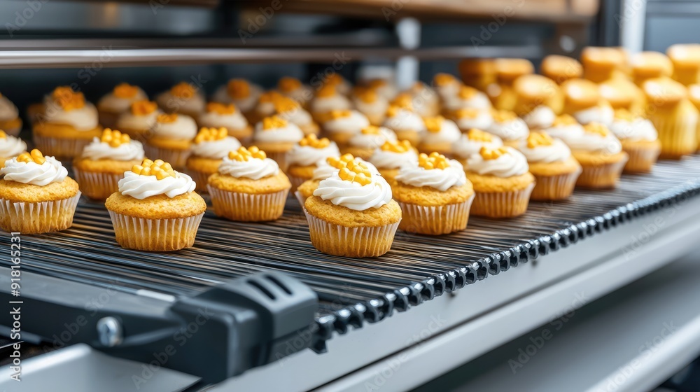 Poster efficient automated industrial oven baking products on continuous conveyor for food processing effic