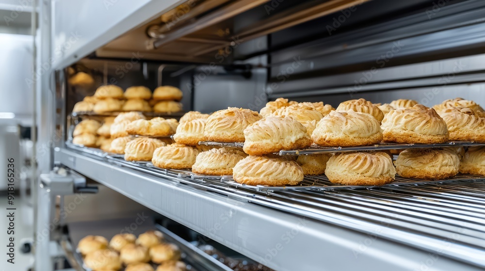 Poster efficient automated industrial oven baking products on continuous conveyor for food processing, gene