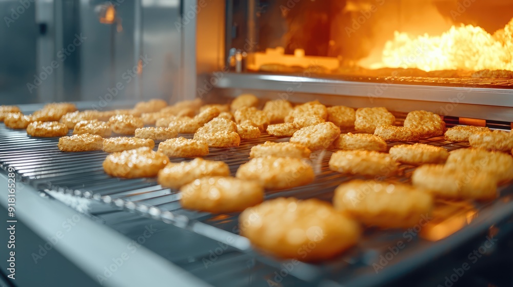 Poster efficient automation in industrial baking: continuous conveyor oven for food processing, generative 