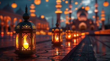 Ornamental Arabic lantern with burning candle glowing at night Ramadan Kareem concept with blur light bokeh.