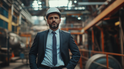 Fototapeta premium A serious engineer wearing a helmet, standing confidently in a large industrial facility, symbolizing leadership and professionalism in engineering.