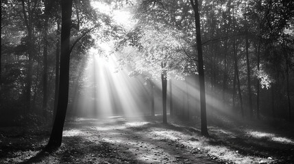 Naklejka premium black and white forest landscape, monochrome picture of forest background