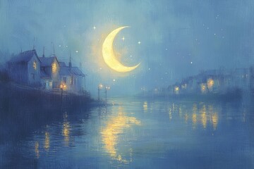 Crescent Moon and Star Seaside Night Islam Religion Spiritual Symbol - Generative AI