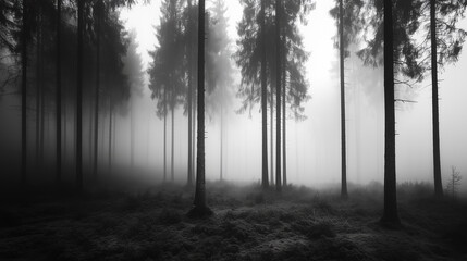 Obraz premium black and white forest landscape, monochrome picture of forest background