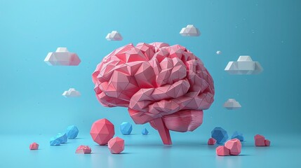 Low Poly Brain Illustration on Blue Background