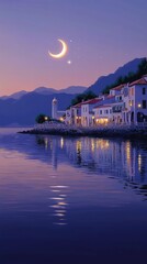 Fototapeta premium Crescent Moon and Star Seaside Night Islam Religion Spiritual Symbol - Generative AI