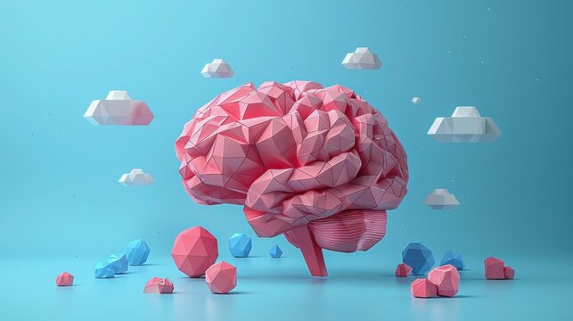 Low Poly Brain Illustration on Blue Background