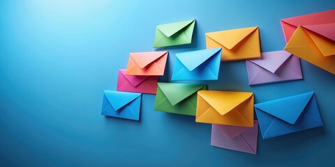 Elegant display of vibrant paper envelopes gracefully floating on a striking blue background , luxury, colorful, stationery