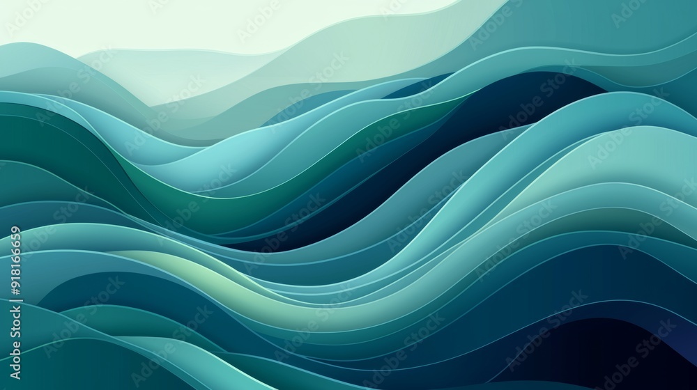 Poster soothing abstract background with waves and gradients of blue and green, perfect for nature and calm