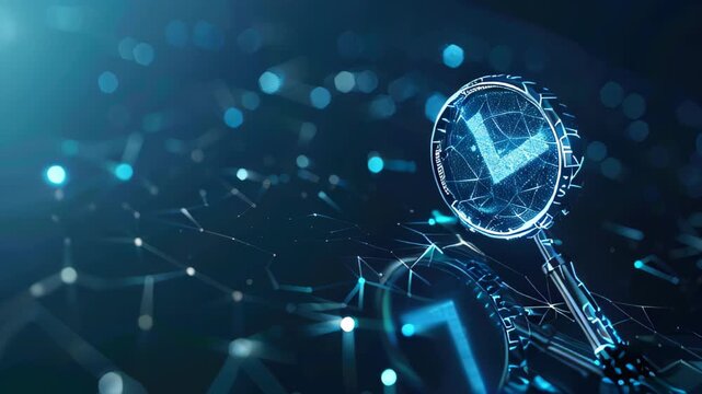 AI algorithm with magnifying glass and checkmark symbolizing ethical auditing and evaluation. AI ethics