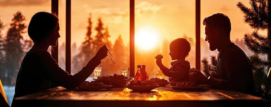 Silhouette of a happy family enjoying a meal together during sunset, creating warm memories and connection around the table.