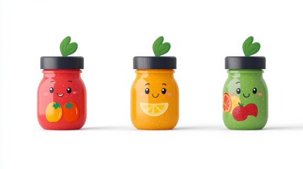 Bright and cheerful baby food package design with colorful fruits and a friendly cartoon character, bold and playful fonts, isolated on a white background 