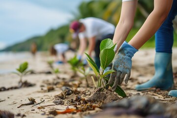 Close-up of a hand planting a sapling on a beach.