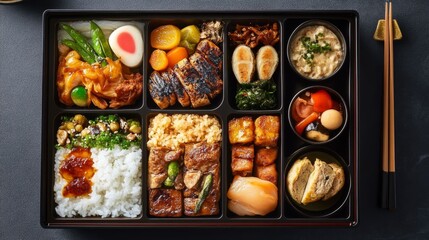Top view of a Japanese bento box with various types of food, including rice, vegetables, and meat against a black background