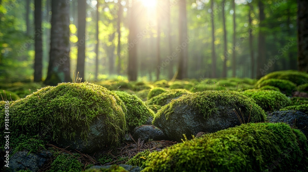 Poster serene forest landscape with moss covered rocks and sunlight filtering through trees generative ai