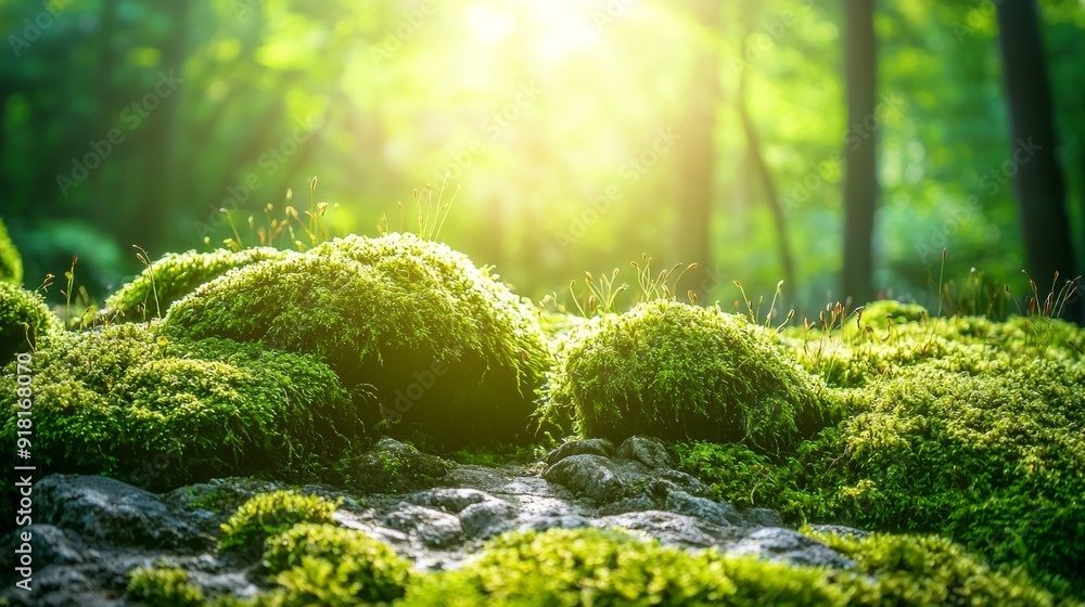 Poster serene forest landscape with moss covered rocks and sunlight filtering through trees generative ai