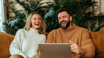 Caucasian couple shopping online for Black Friday deals, sitting together on a sofa, laughing and pointing at the laptop screen 