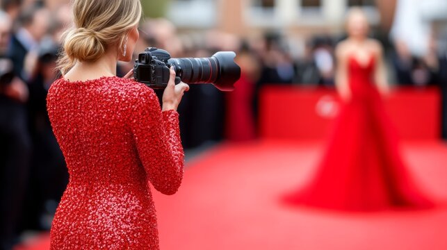 Celebrities posing on the red carpet in front of a step-and-repeat banner, stylish and elegant outfits, photographers capturing the moment 