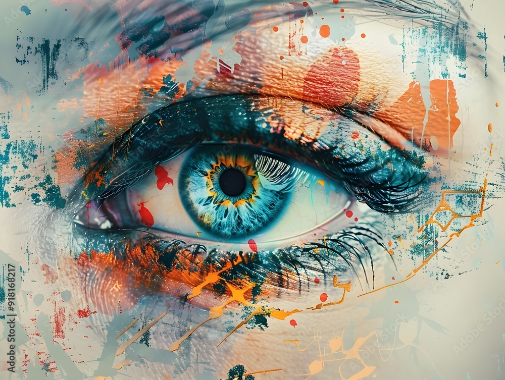 Poster vibrant rendition of an expressive eye with abstract shapes and patterns