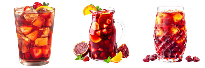 Set of 3 Red Sangria on a Transparent Background, drink, beverage, coffee, hot, ice, cocktail, alcoholic, smoothie, party, bar, juice, pub, png file, cut off bg, 300 dpi