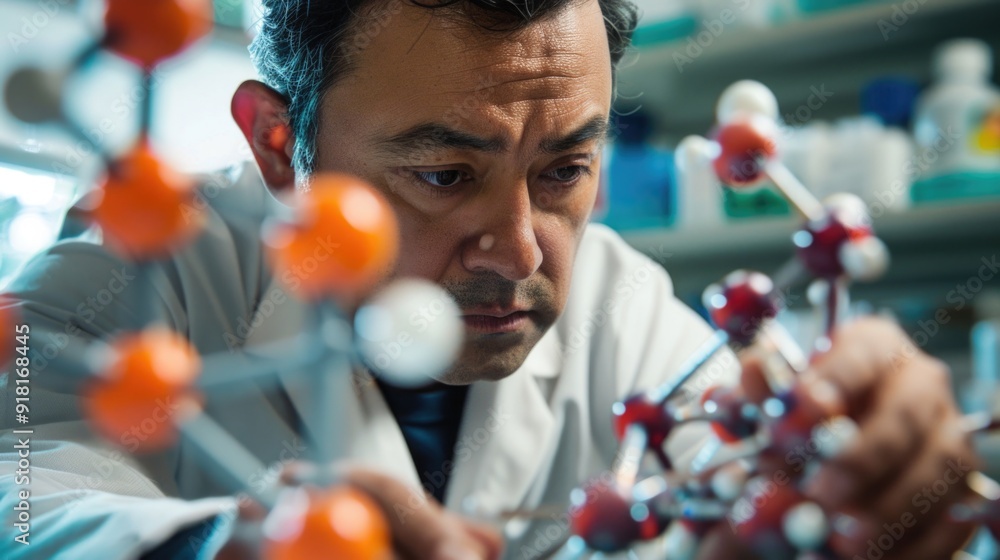 Poster scientist examining a molecule model in a lab, emphasizing precision in scientific research.
