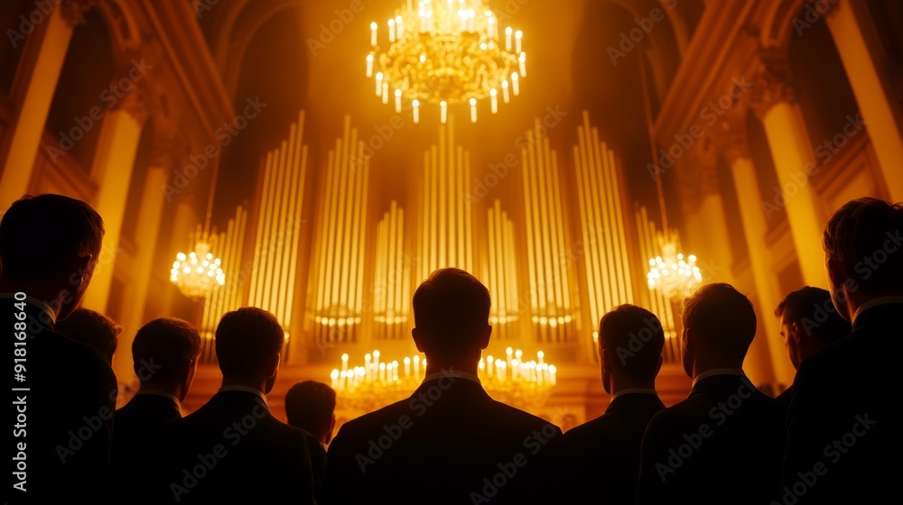 Poster Church choir singing with an organist in the background, warm, golden light from candles and chandeliers, wide angle 