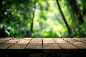 Empty wood table top with blur background of nature lush green forest with generative ai