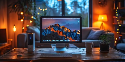 Technology Smart home with connected devices and digital icons Glowing house with symbolism	
