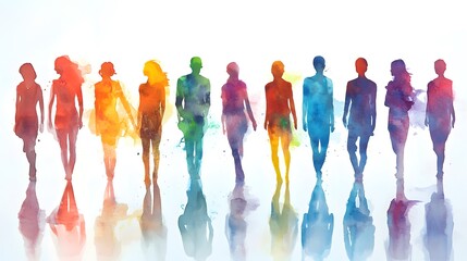 A row of people standing in watercolor style, with each person representing different colors and shapes.